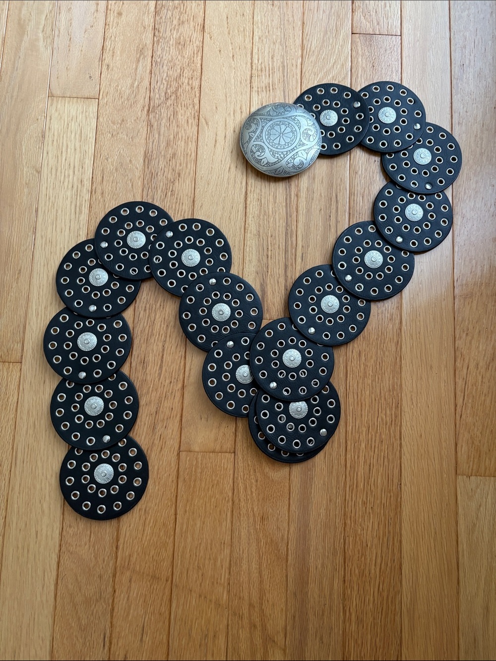 Decorative Black Concho Belt with Silver Accents